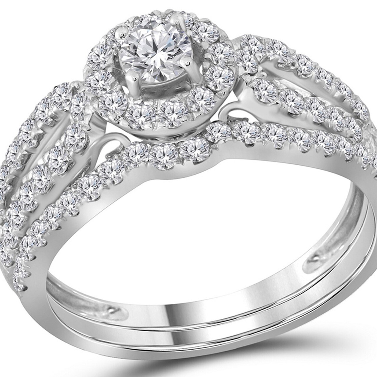 Gem And Harmony 1.00 Carat (Color G-H I1-I2) Diamond Engagement Ring Wedding Set Split Shank Halo in 14K White Gold